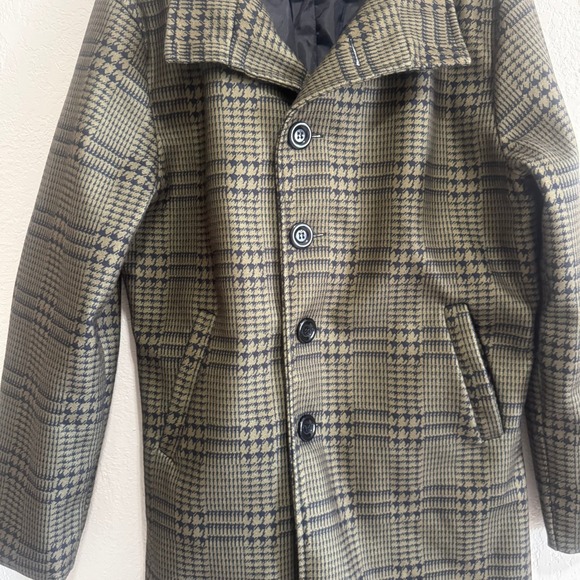 Flex Supply Mens Houndstooth‎ Button Up Mid Length Coat Jacket Olive Black XL - Picture 4 of 11